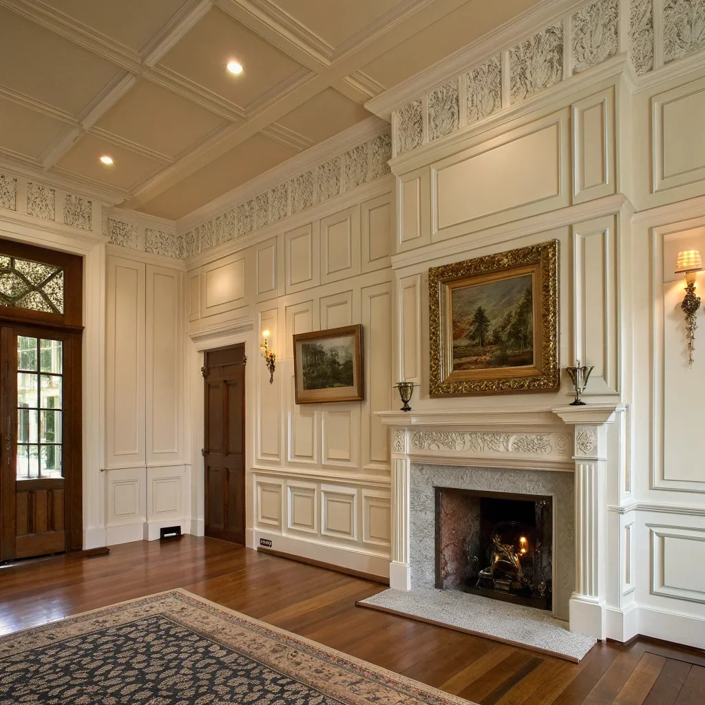 A traditional interior featuring crown molding, wainscoting, paneled doors, and a classic fireplace surround, creating a strong architectural backdrop for art and textiles.