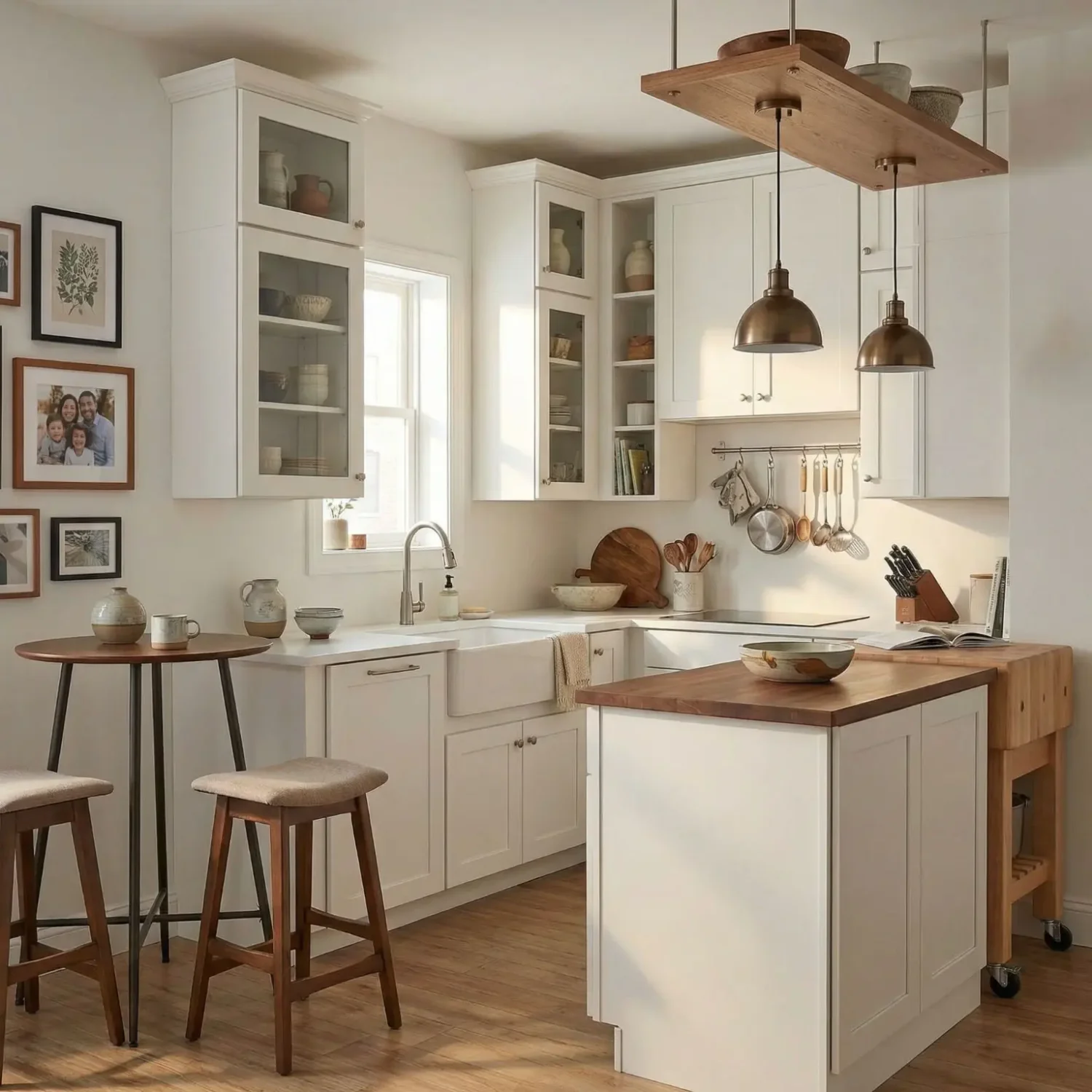 Compact kitchen ceiling shelves and glass accents