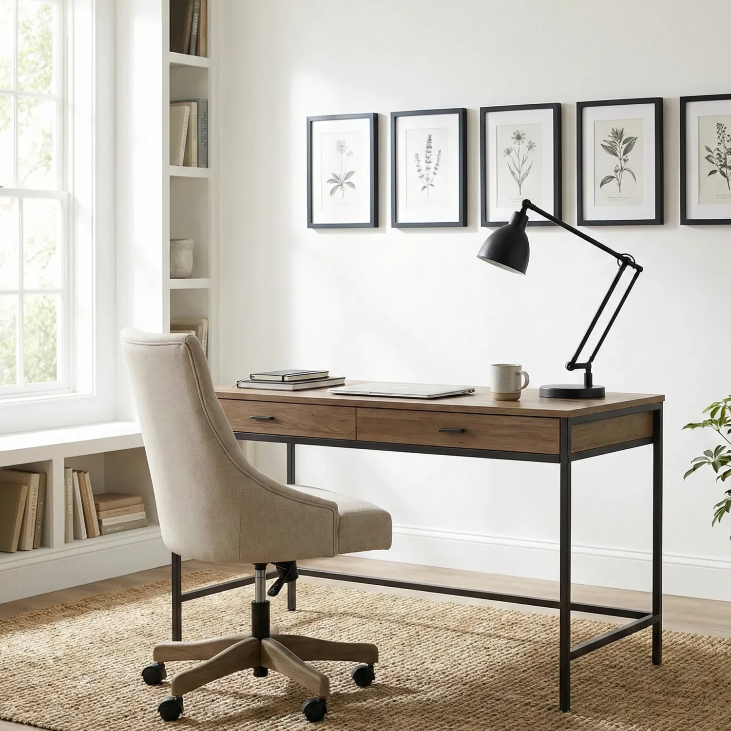 Minimal home office with desk, lamp, and botanical prints