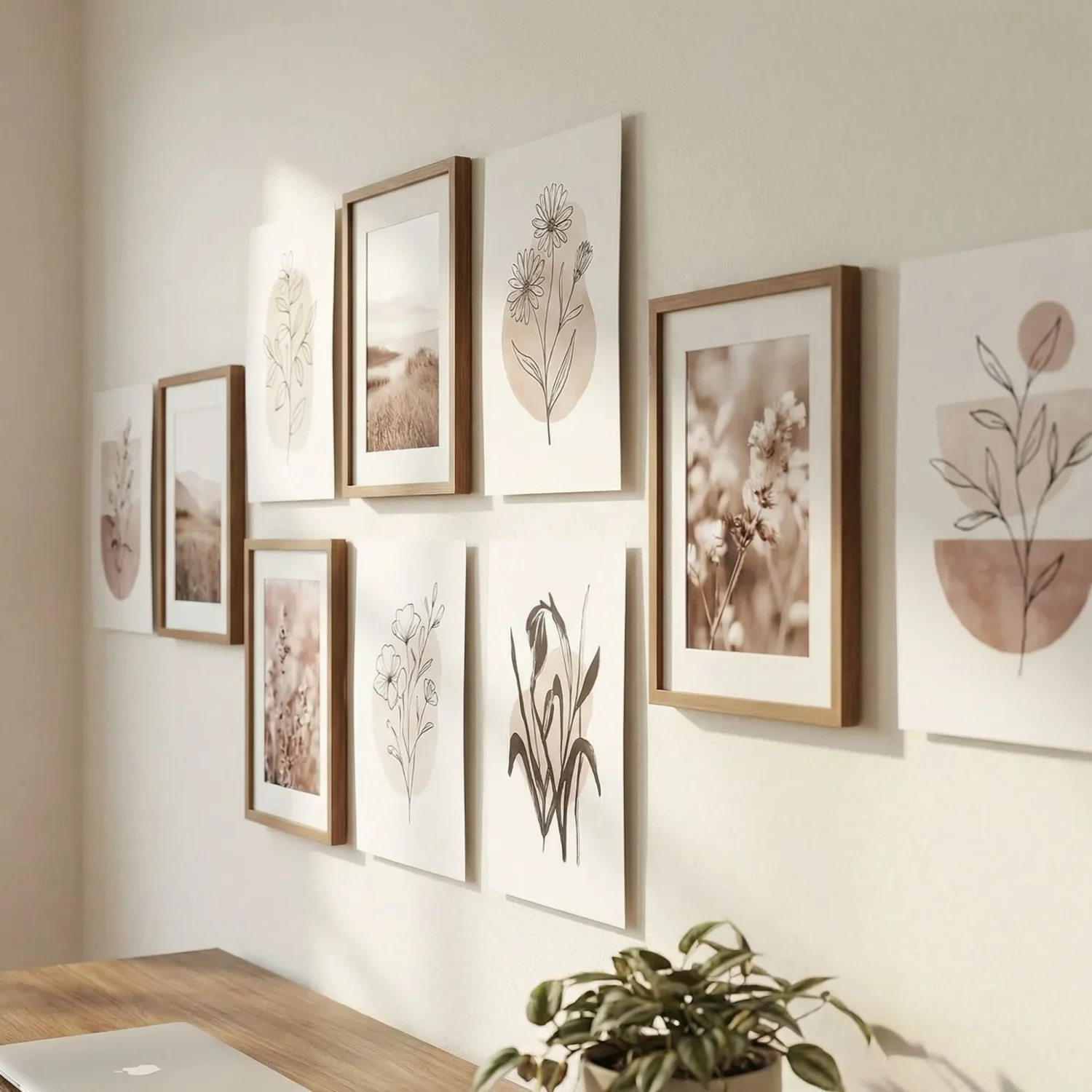 Curated wall display with thin frames and frameless prints