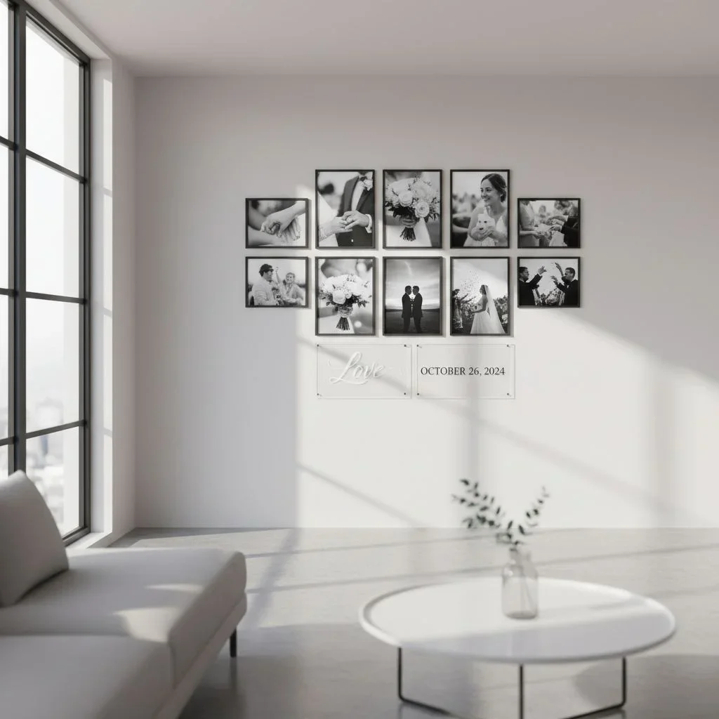 Minimalist wedding photo grid wall in modern reception area