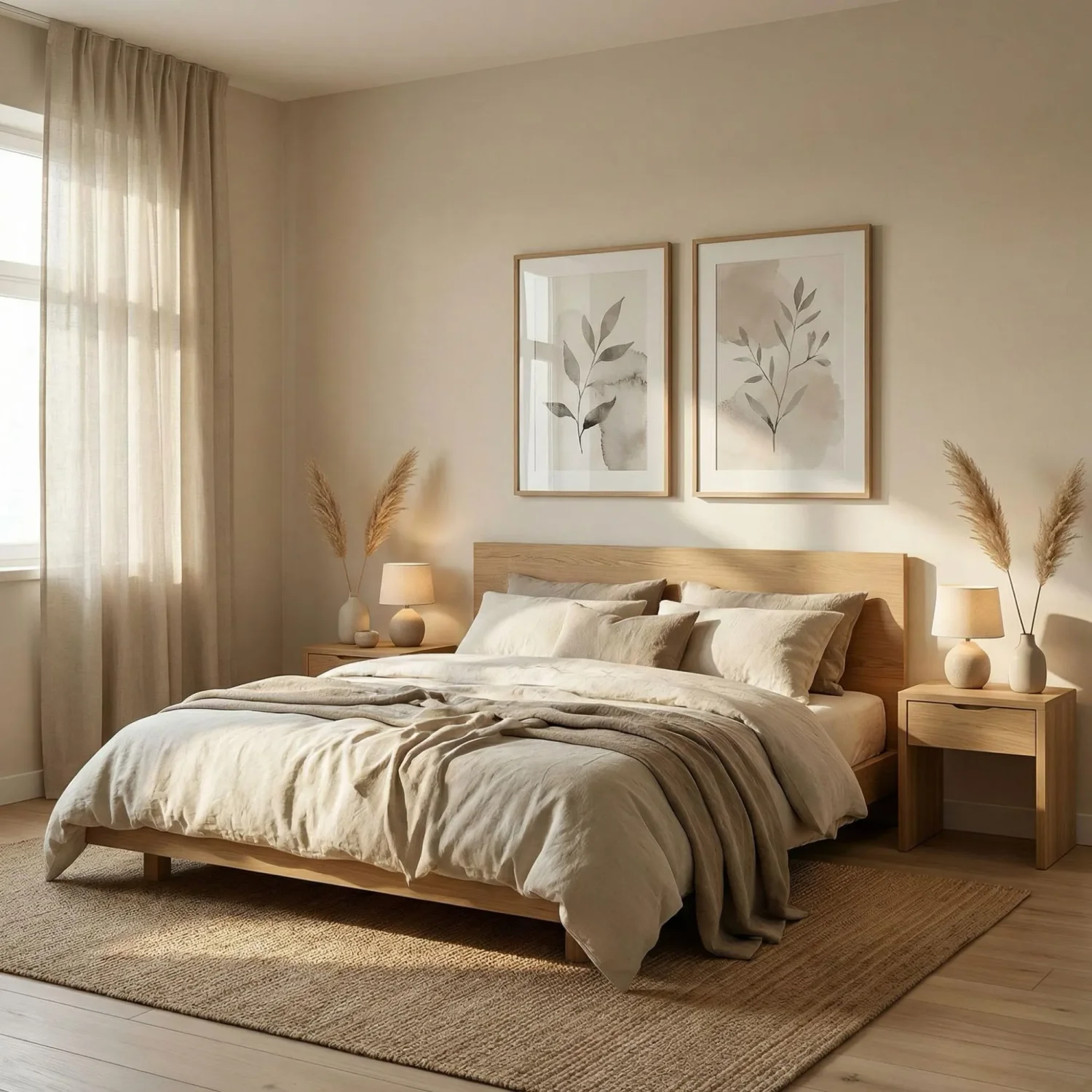 Japandi bedroom diptych framed prints above headboard