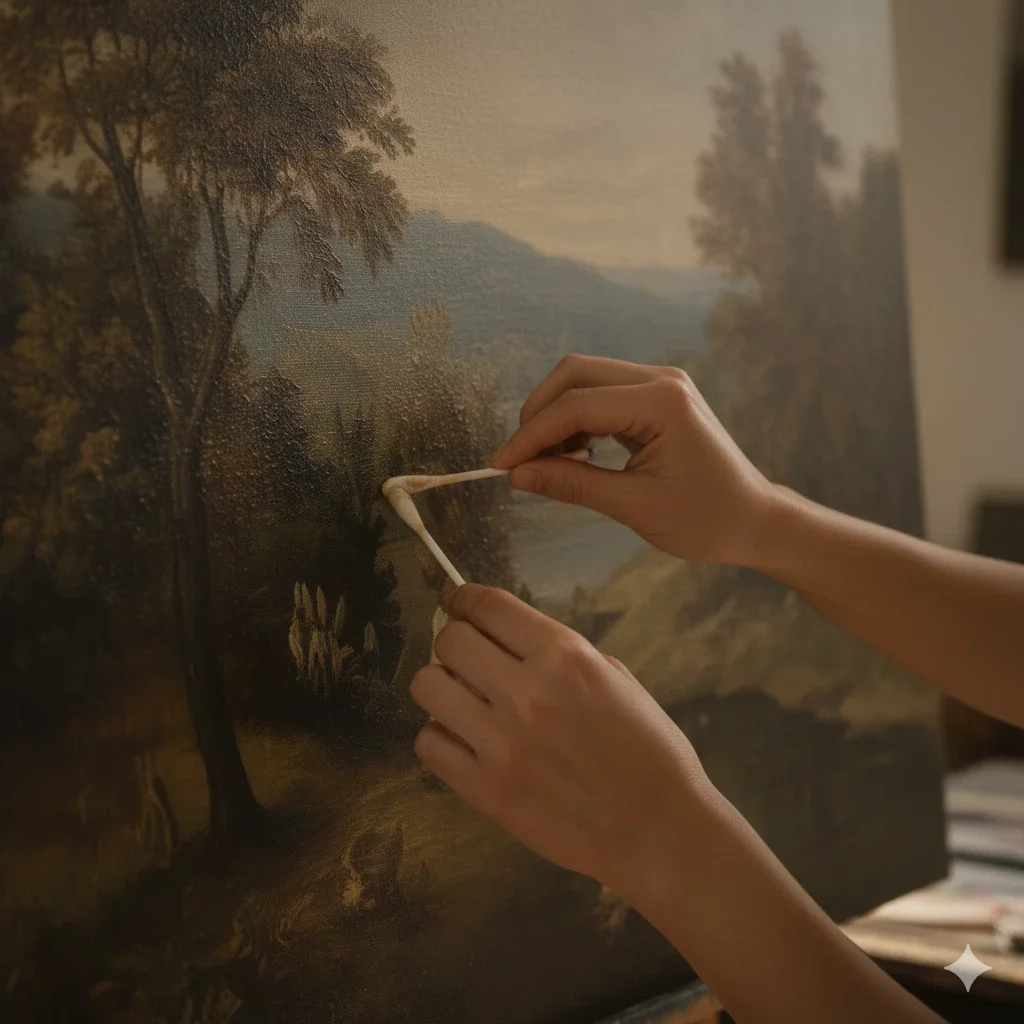 hands cleaning oil canvas with cotton swab