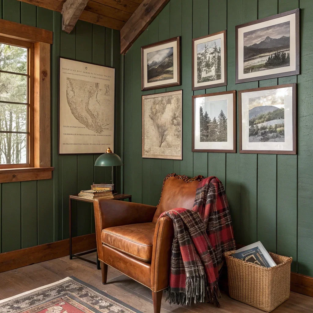 Warm rustic home office with forest green paneling, a cognac leather chair, plaid textile accents, and a gallery of nature photography and vintage maps in wood-look frames.