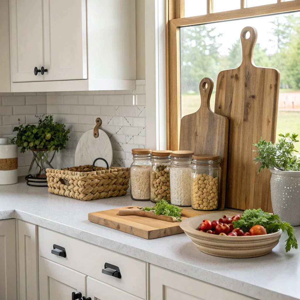 Farmhouse kitchen with upright wood cutting boards, vintage-style glass jars, a shallow basket of produce, and small potted herbs adding soft greenery.