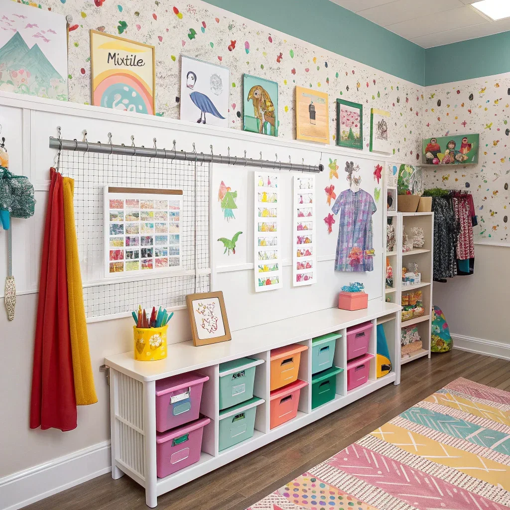 Kids’ room with a clip-rail for crafts, and cubbies for organized play space.