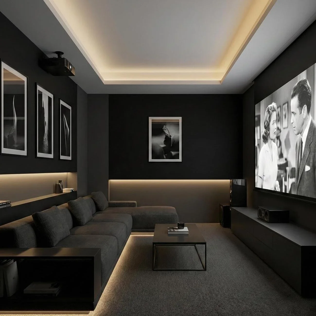 Modern dark home theater with sectional sofa and black-and-white film
