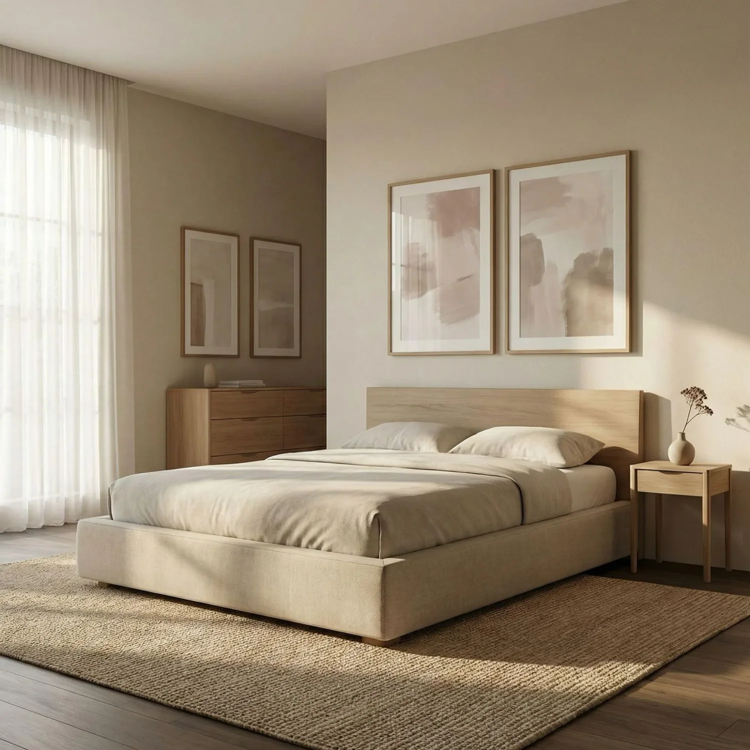 Japandi bedroom diptych framed art above headboard