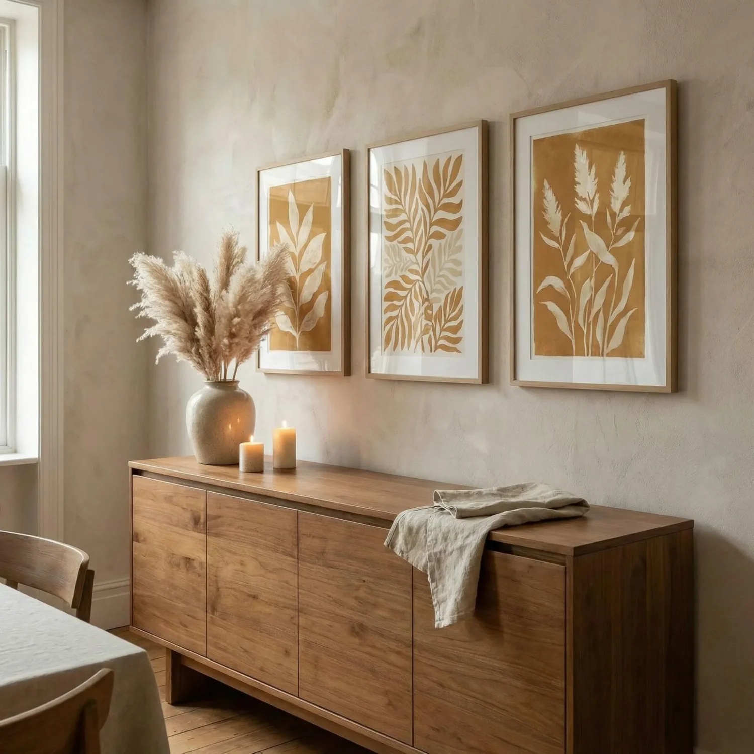 Three framed pictures above narrow wooden sideboard