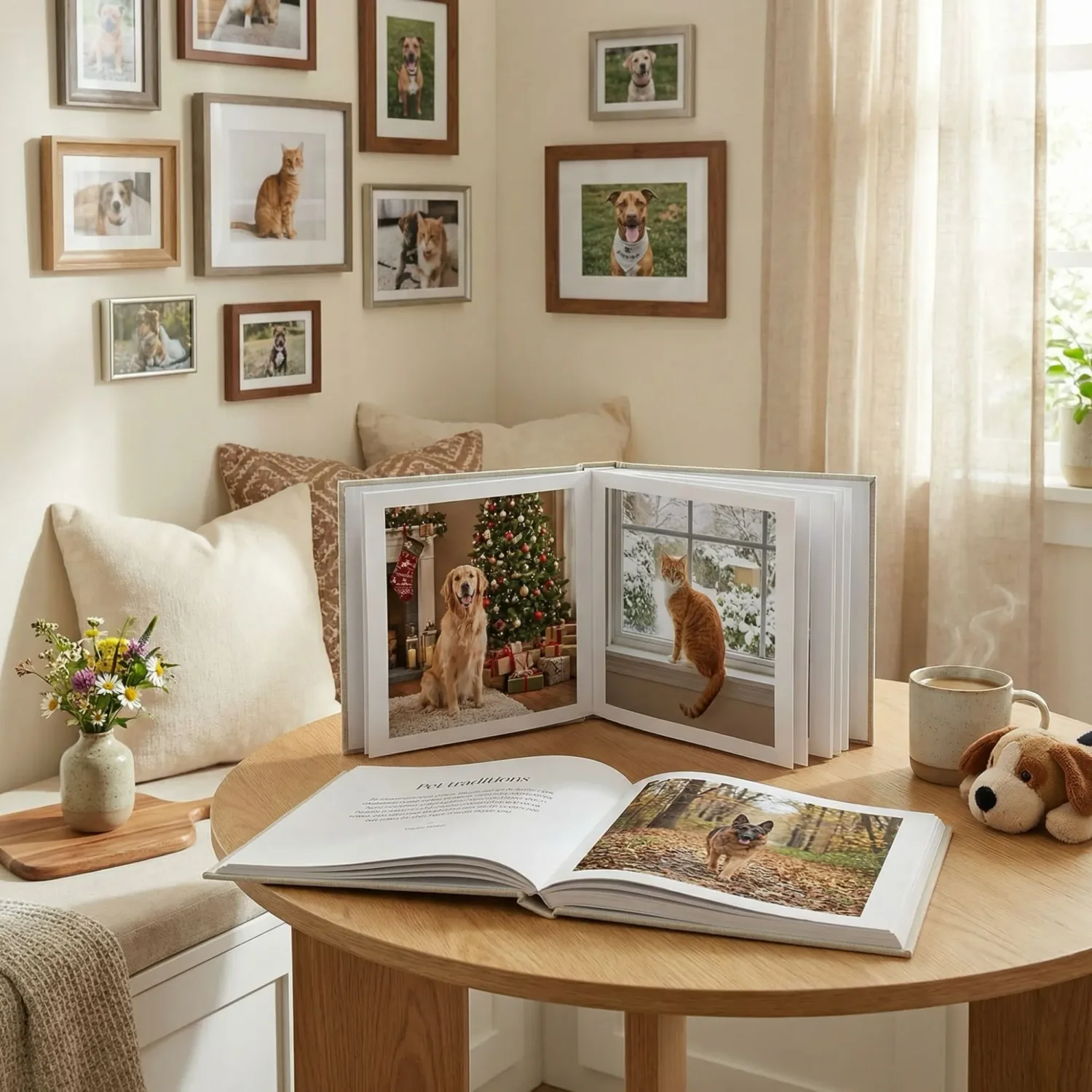 Pet traditions photo book open by morning coffee