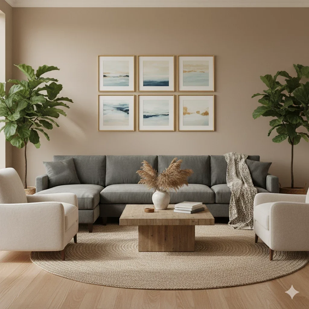 grid of soft abstract prints over gray sectional with plants