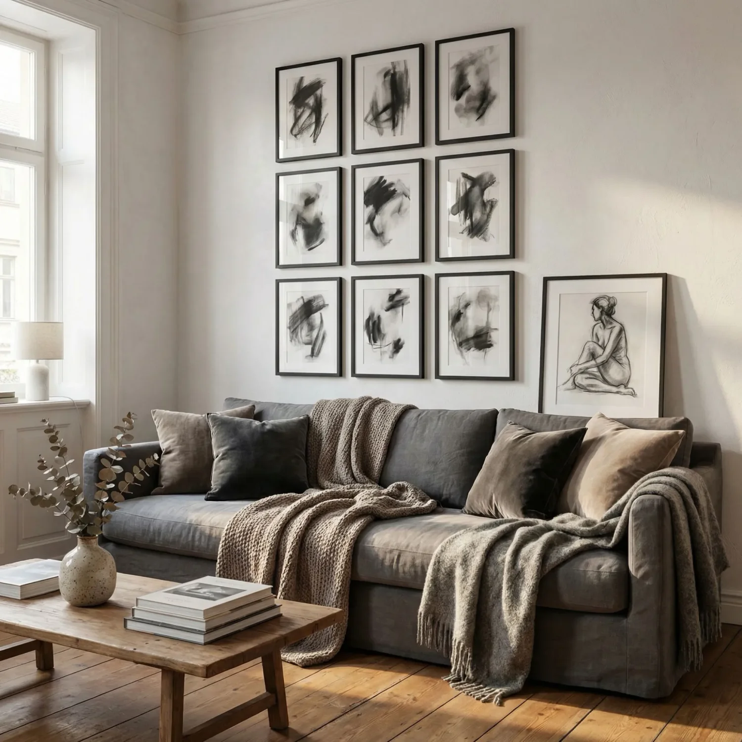 Charcoal art grid above gray sofa in living room