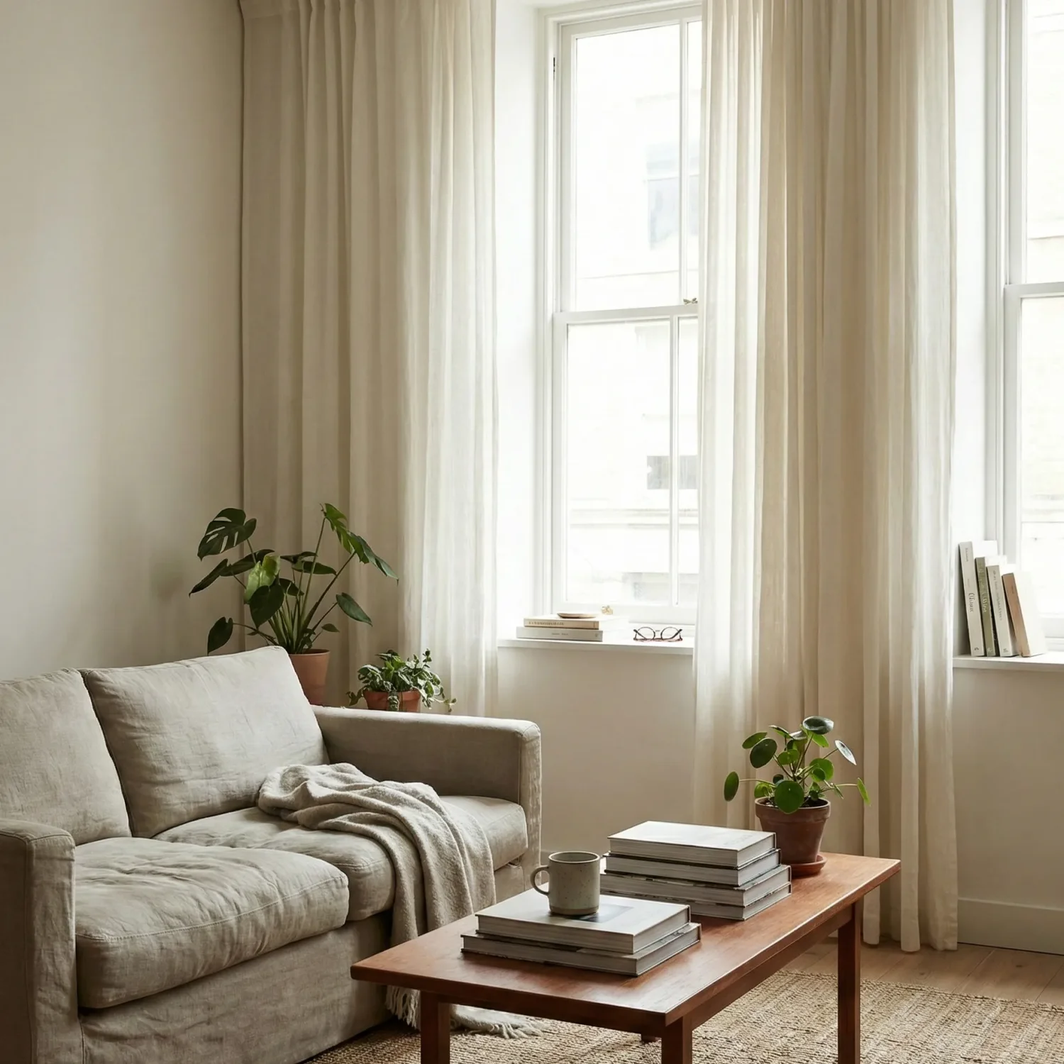 Minimal living room with linen sofa, plants, and sheer curtains.