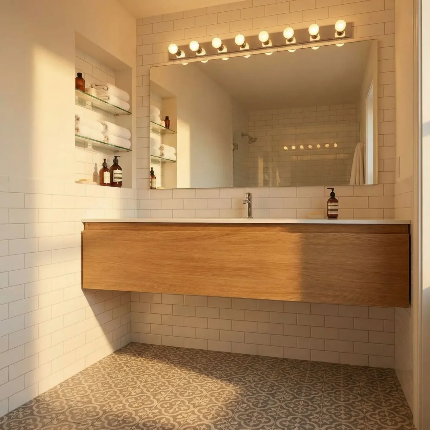Bright bathroom with floating vanity large mirror decor