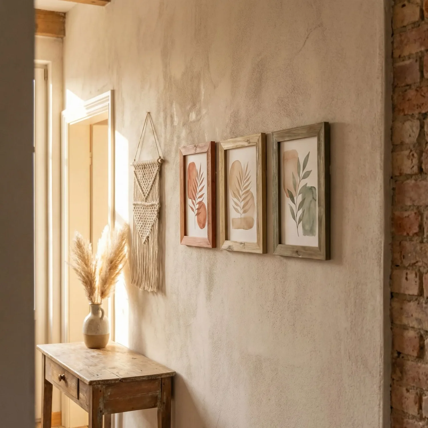 Boho corridor wall with 3 framed pictures and textile