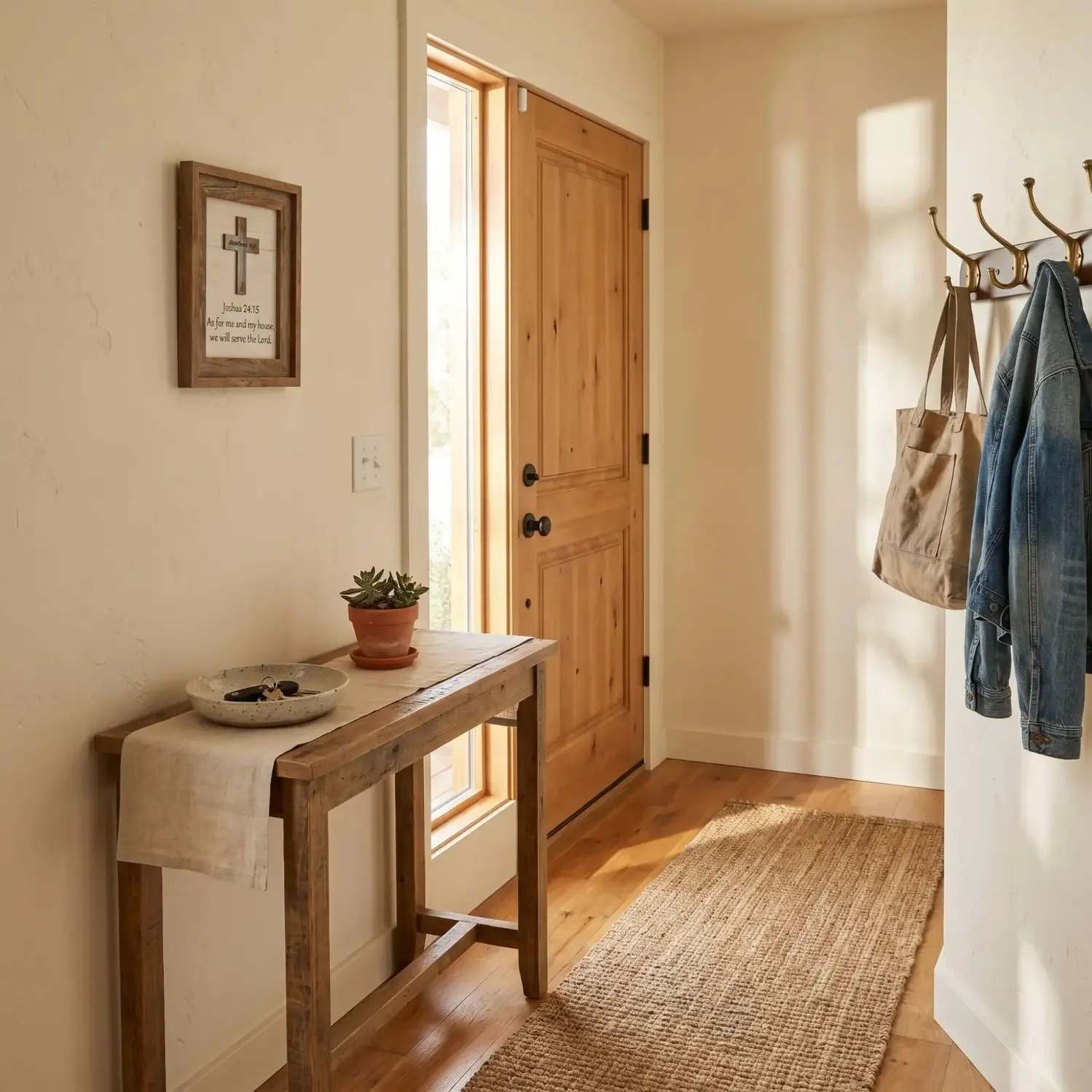 Cross framed picture in warm home entryway