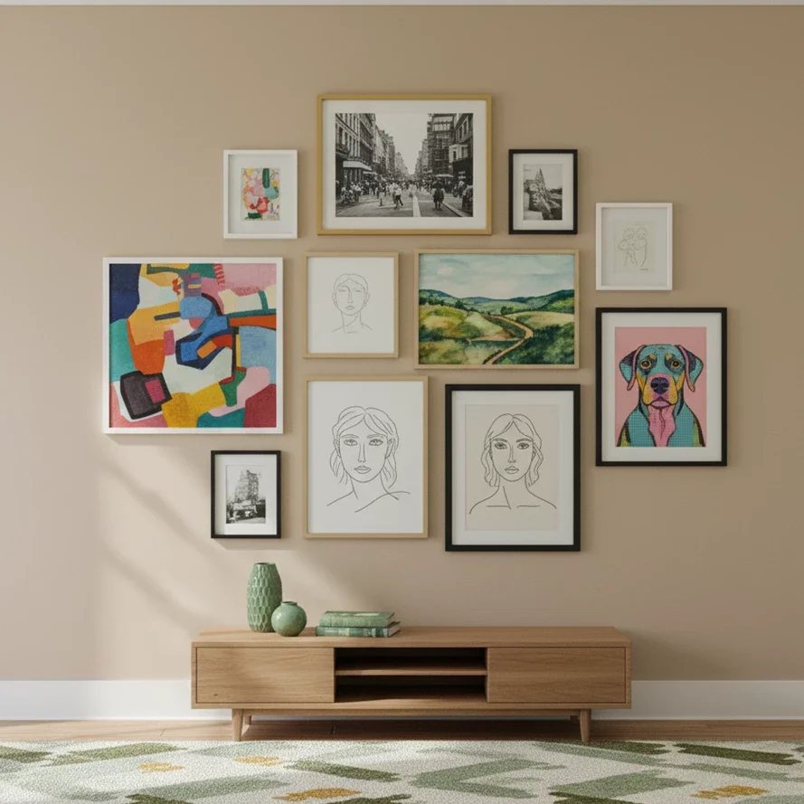 gallery wall of mixed art above low wood console