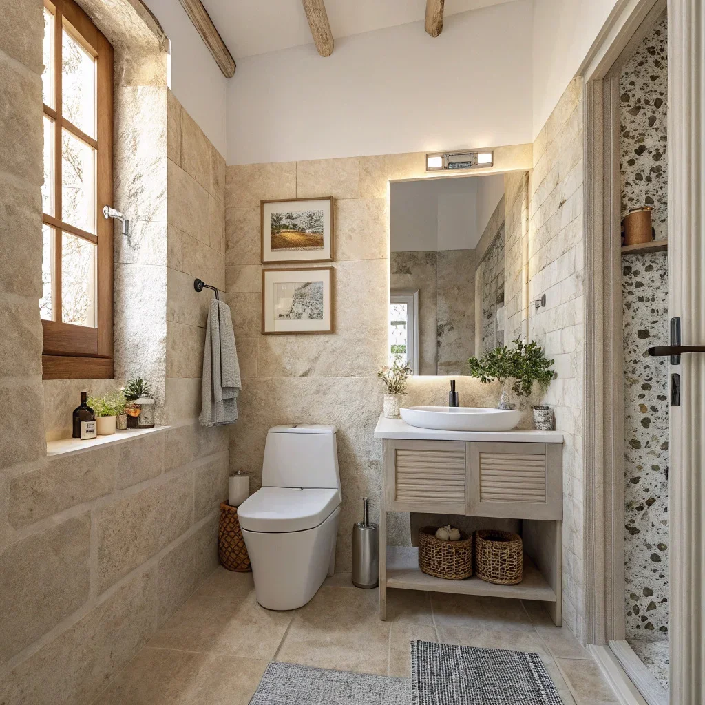 Small bathroom with floating wall art above toilet.