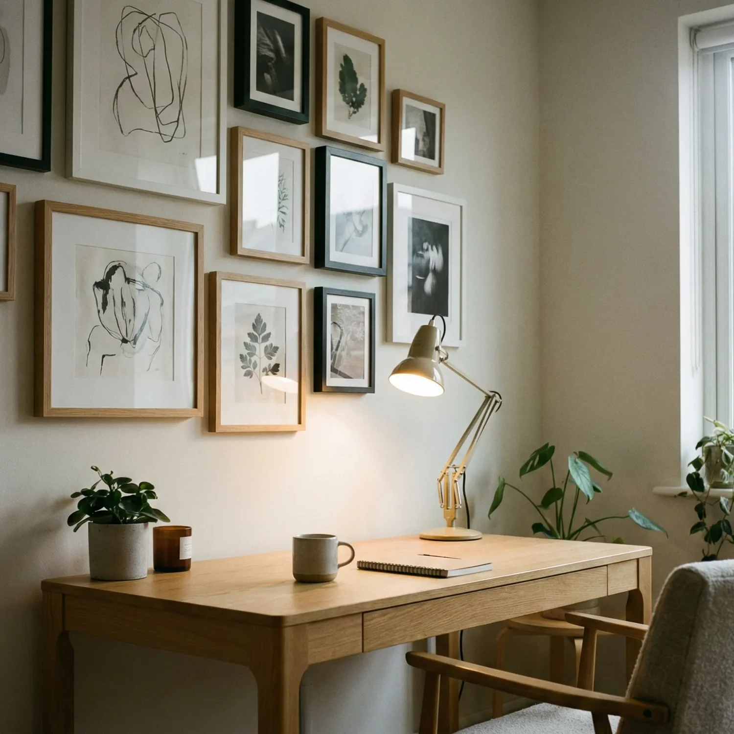 Minimal workspace with framed art, desk lamp, and potted plants