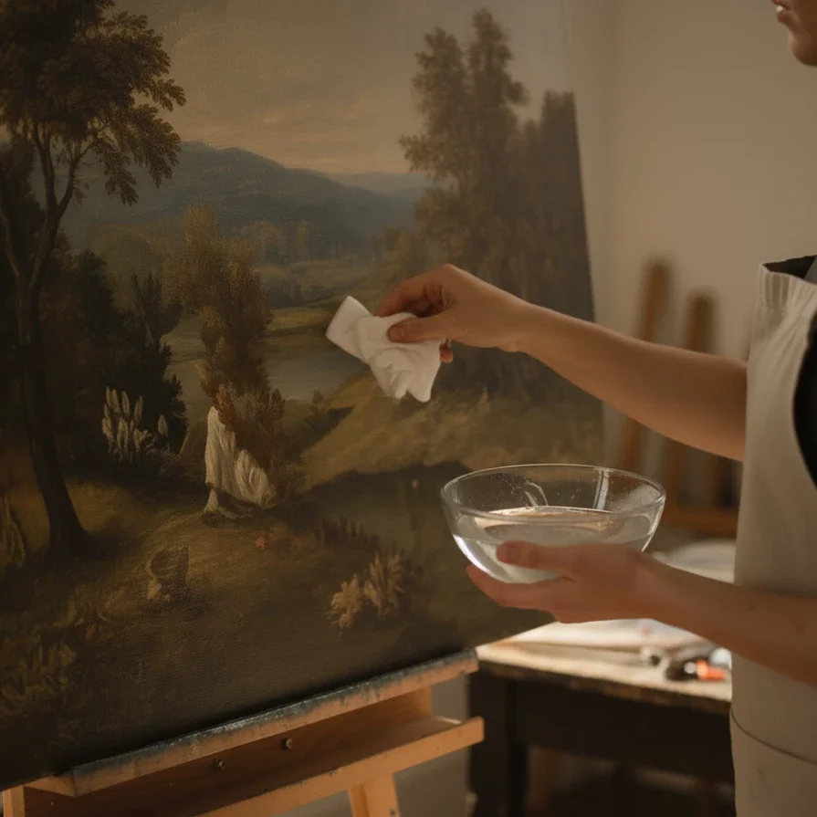 cleaning landscape canvas with cloth and water bowl