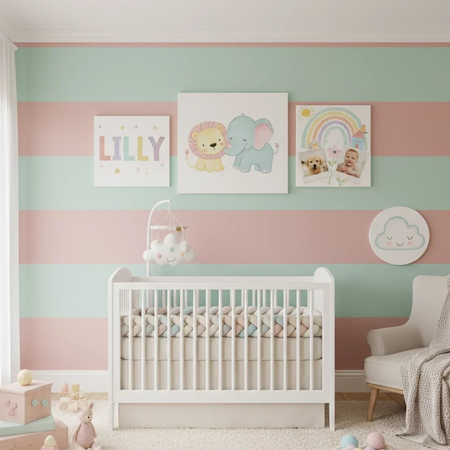 pastel animal prints and rainbow brighten cozy baby room