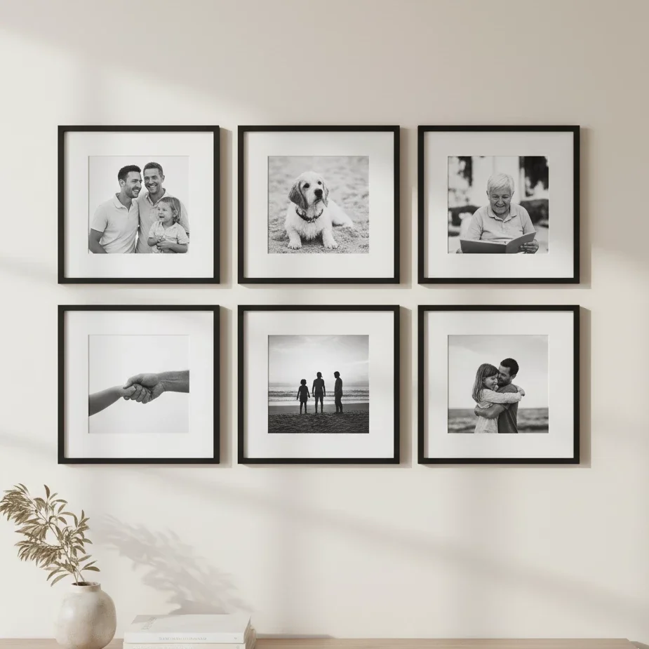 2x3 grid of monochrome photos over wood console