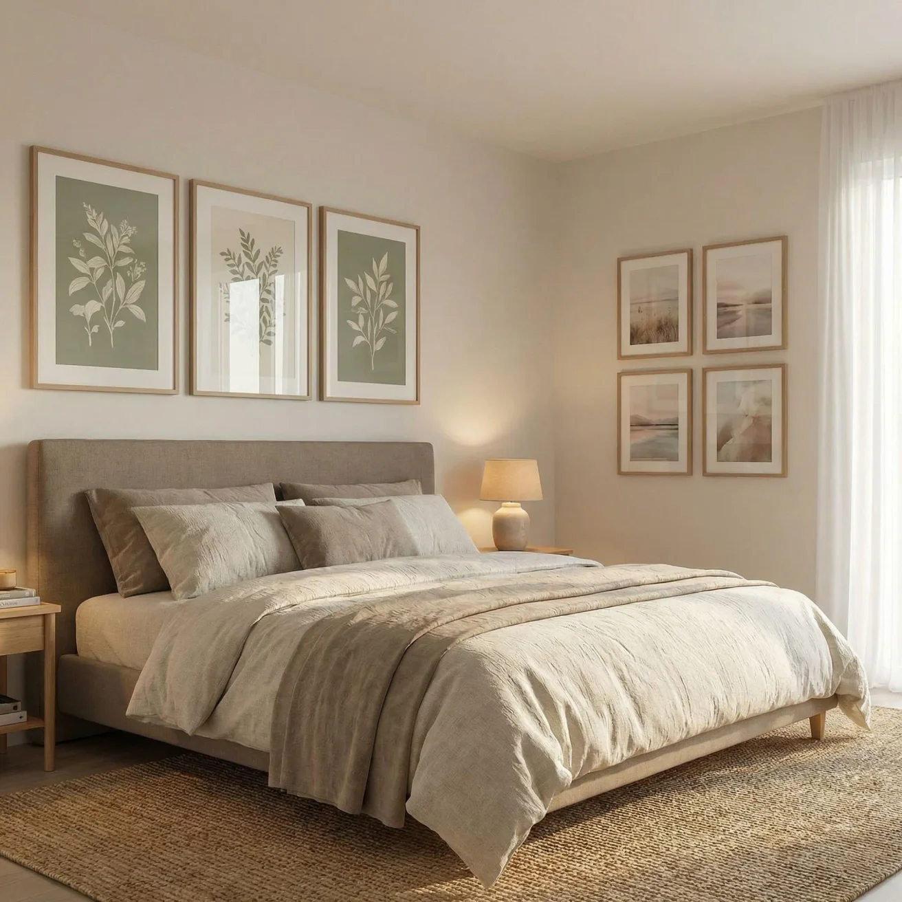 Botanical framed pictures grid above bed