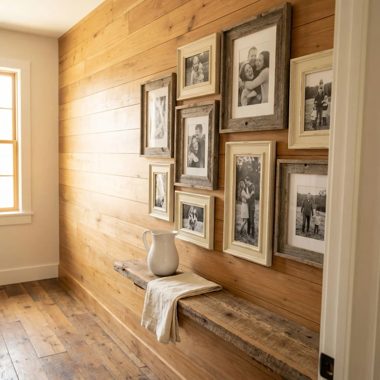 Cozy farmhouse gallery wall with framed family photos