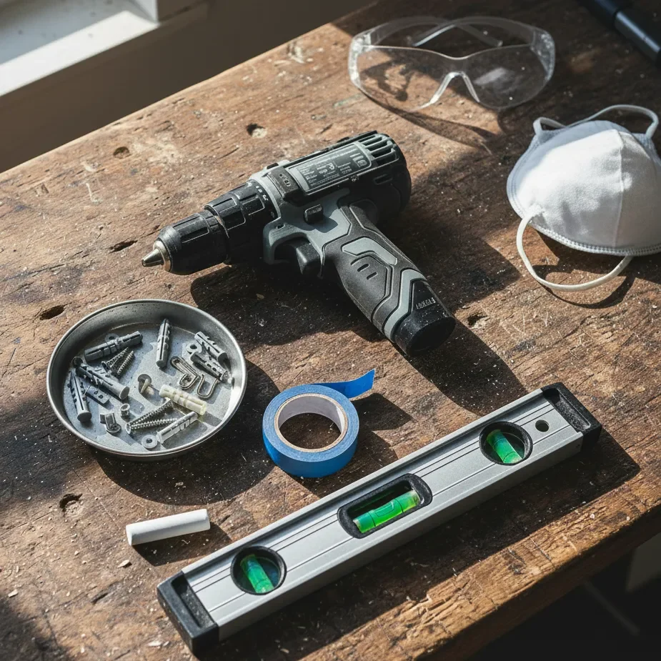 drill, level, and wall anchors on sunlit workbench