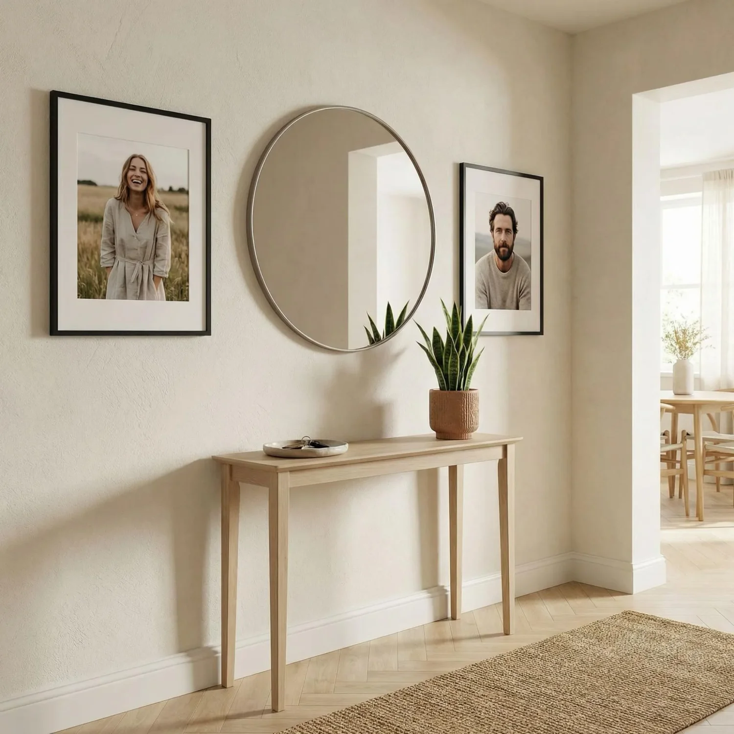Entryway mirror flanked by two framed prints