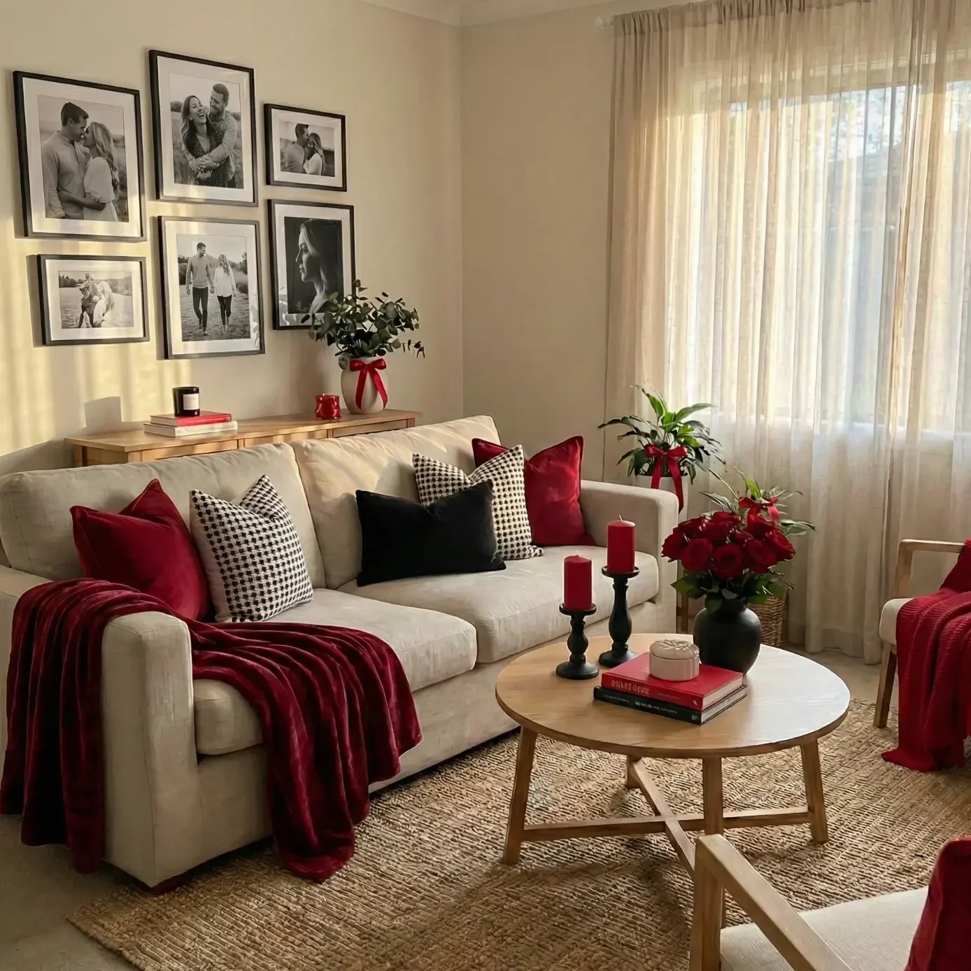 Beige sofa with burgundy throws, roses, and sheer curtains.