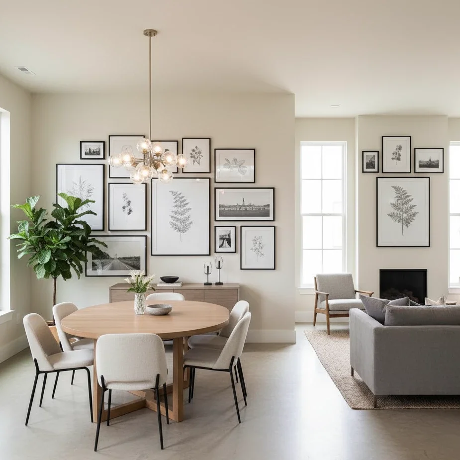 open-plan living and dining with black-and-white gallery walls