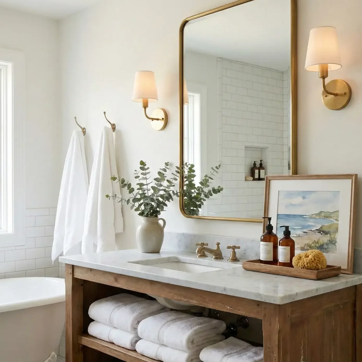 Bright bathroom vanity with brass mirror and open towel shelf