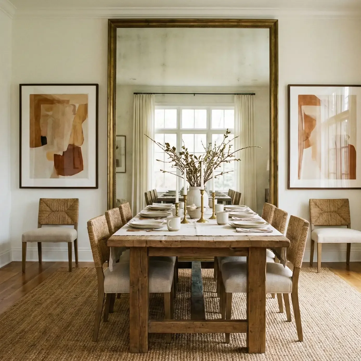Rustic dining table set beneath oversized vintage wall mirror.
