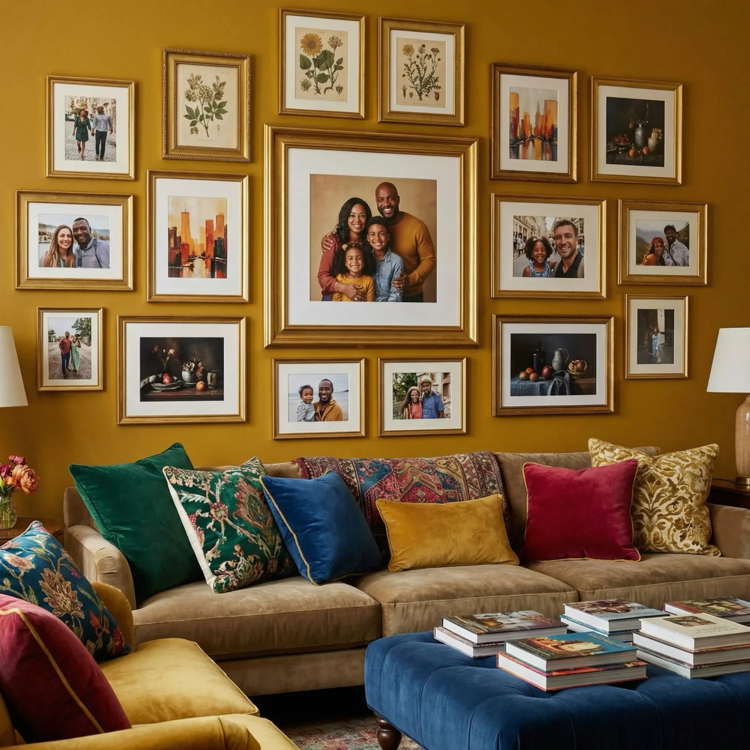 Maximalist living room with gold framed photo gallery