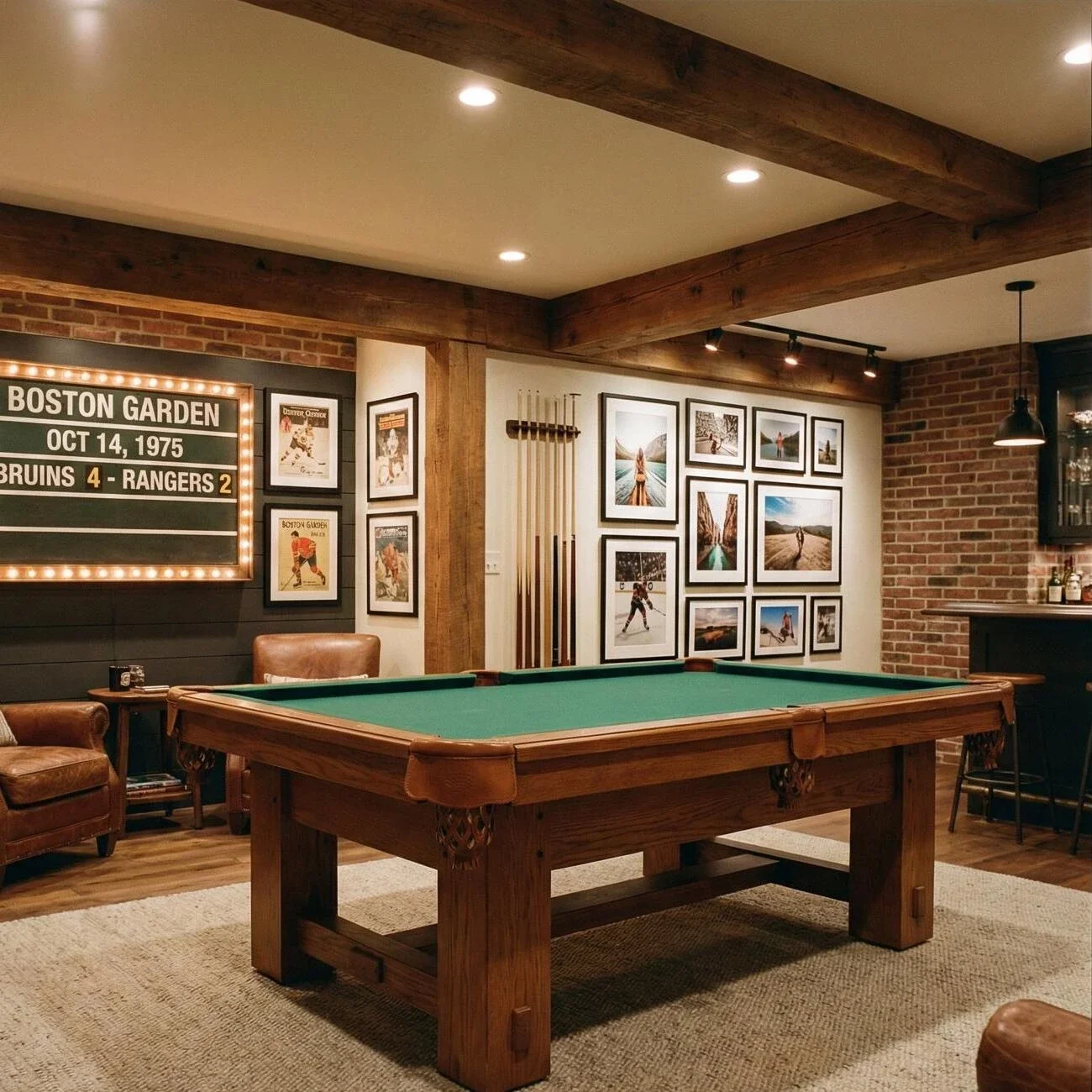 Family photo gallery in brown frames above a beige sectional sofa