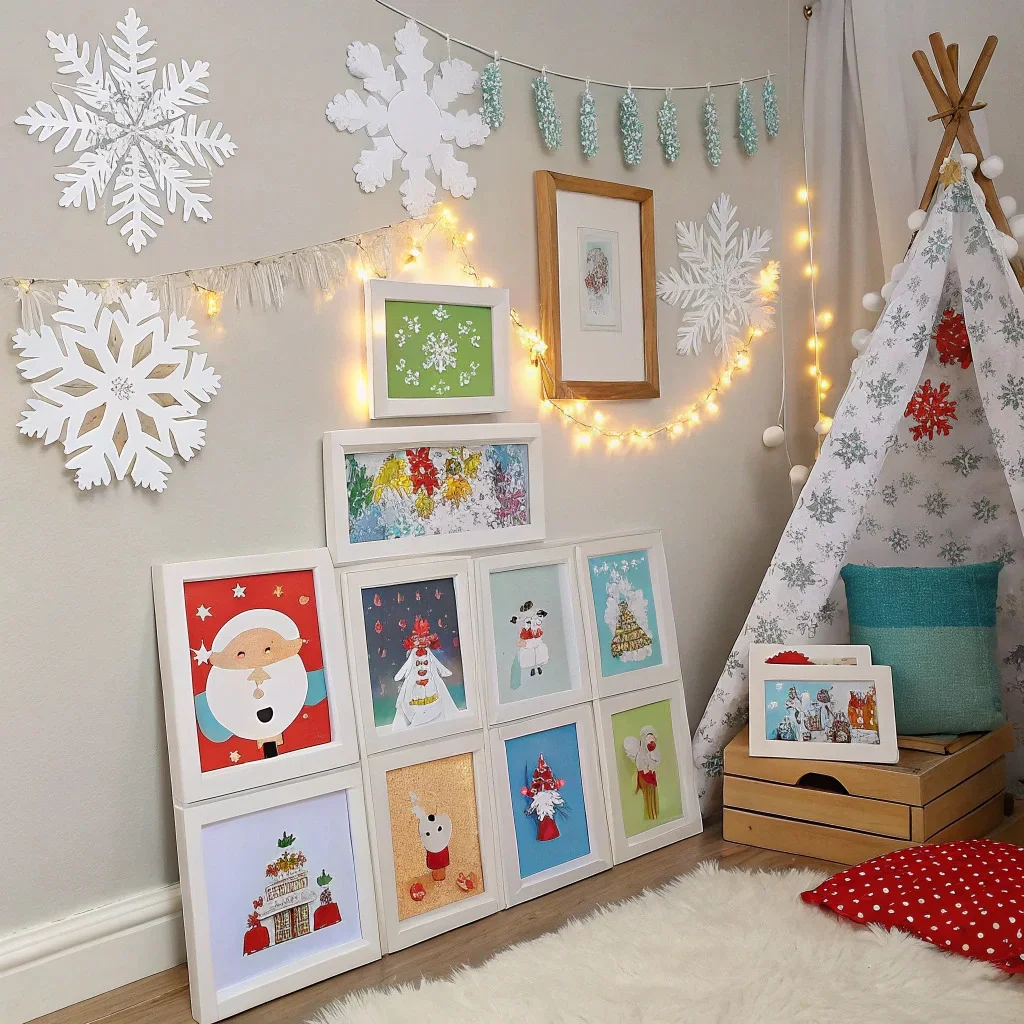 A playful kids’ room decorated with bright crafts, Santa snapshots, winter art, and a colorful photo cluster surrounded by removable paper snowflakes.