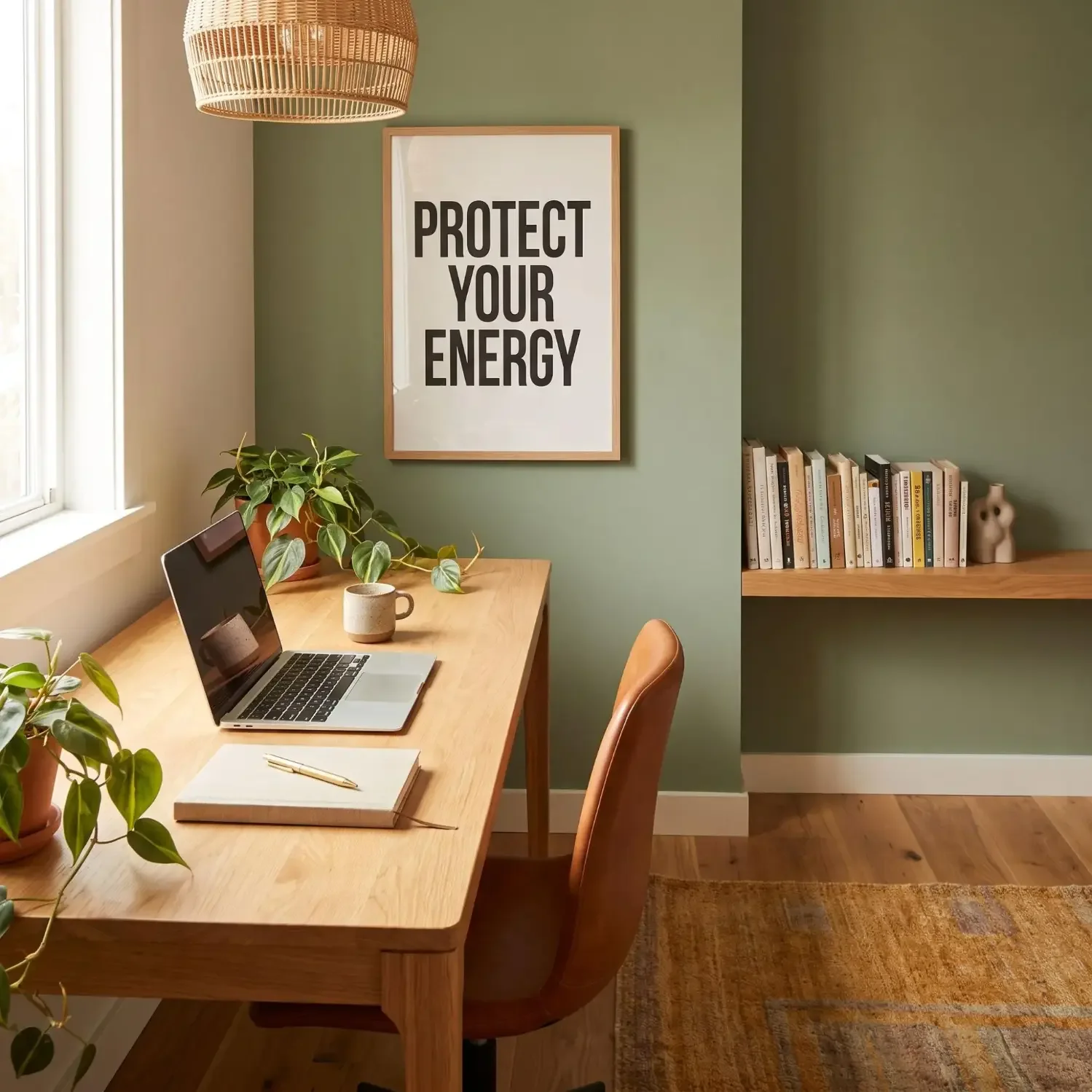 Home office with framed affirmation above desk