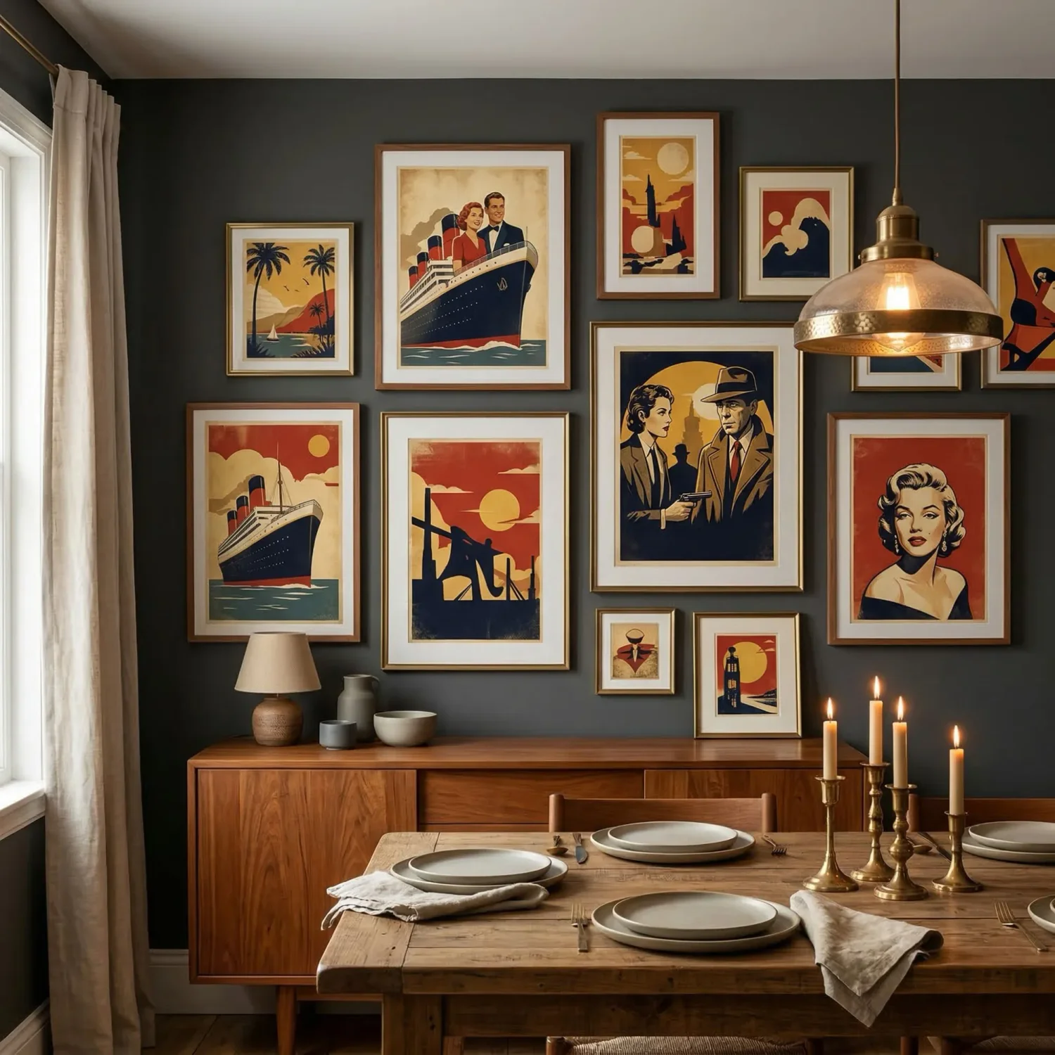 Retro poster framed art gallery wall in dining room