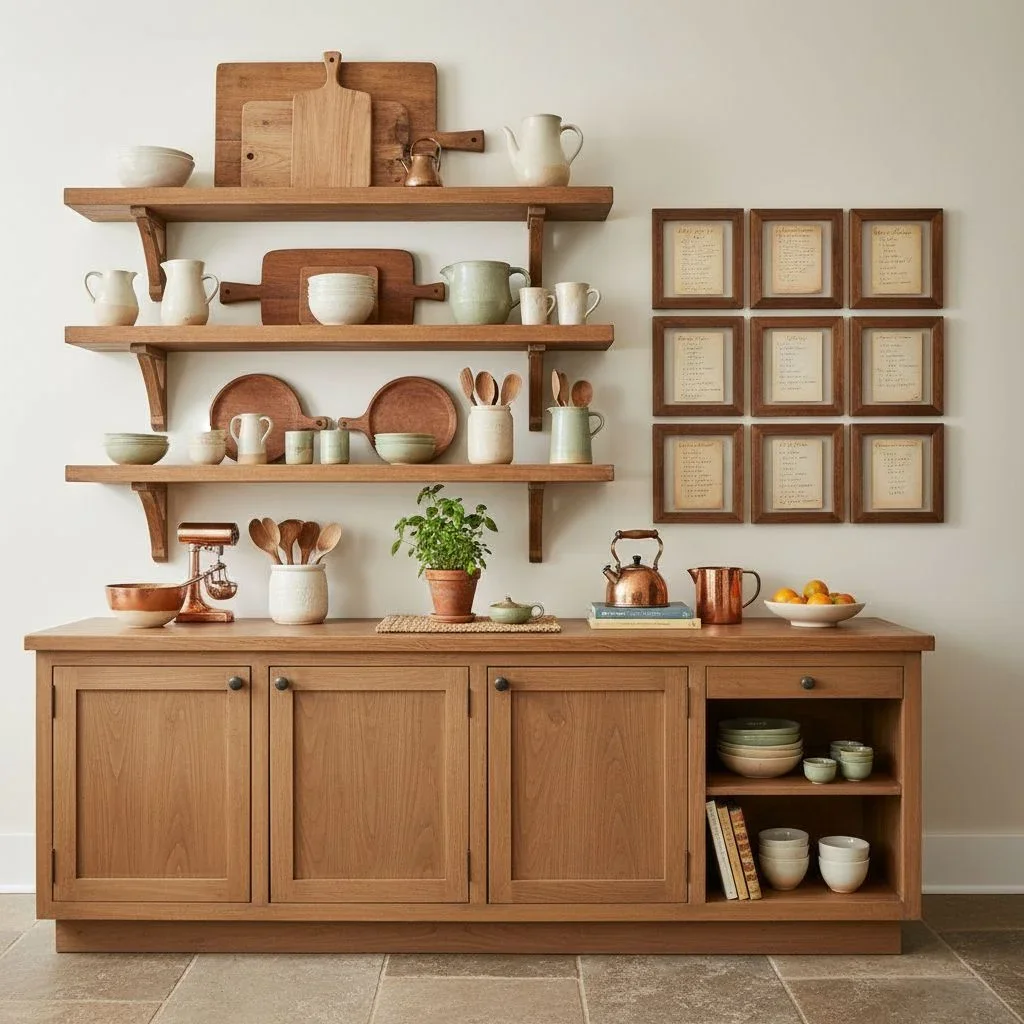 Rustic kitchen with open shelves and recipe gallery