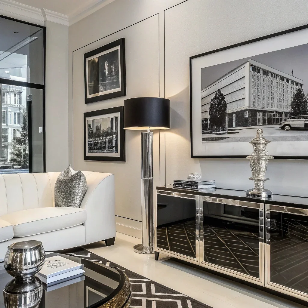 A sleek 1980s-style black-and-white gallery wall featuring high-contrast architectural shots, chrome reflections, and minimalist studio portraits for a glossy, editorial vibe.