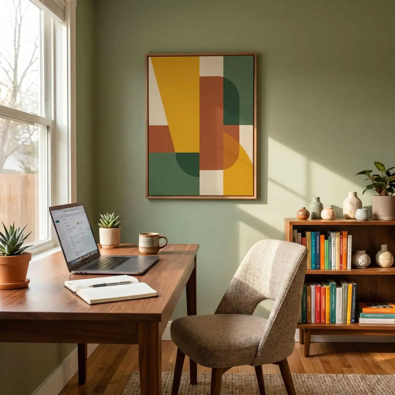 Home office with bold geometric abstract framed art