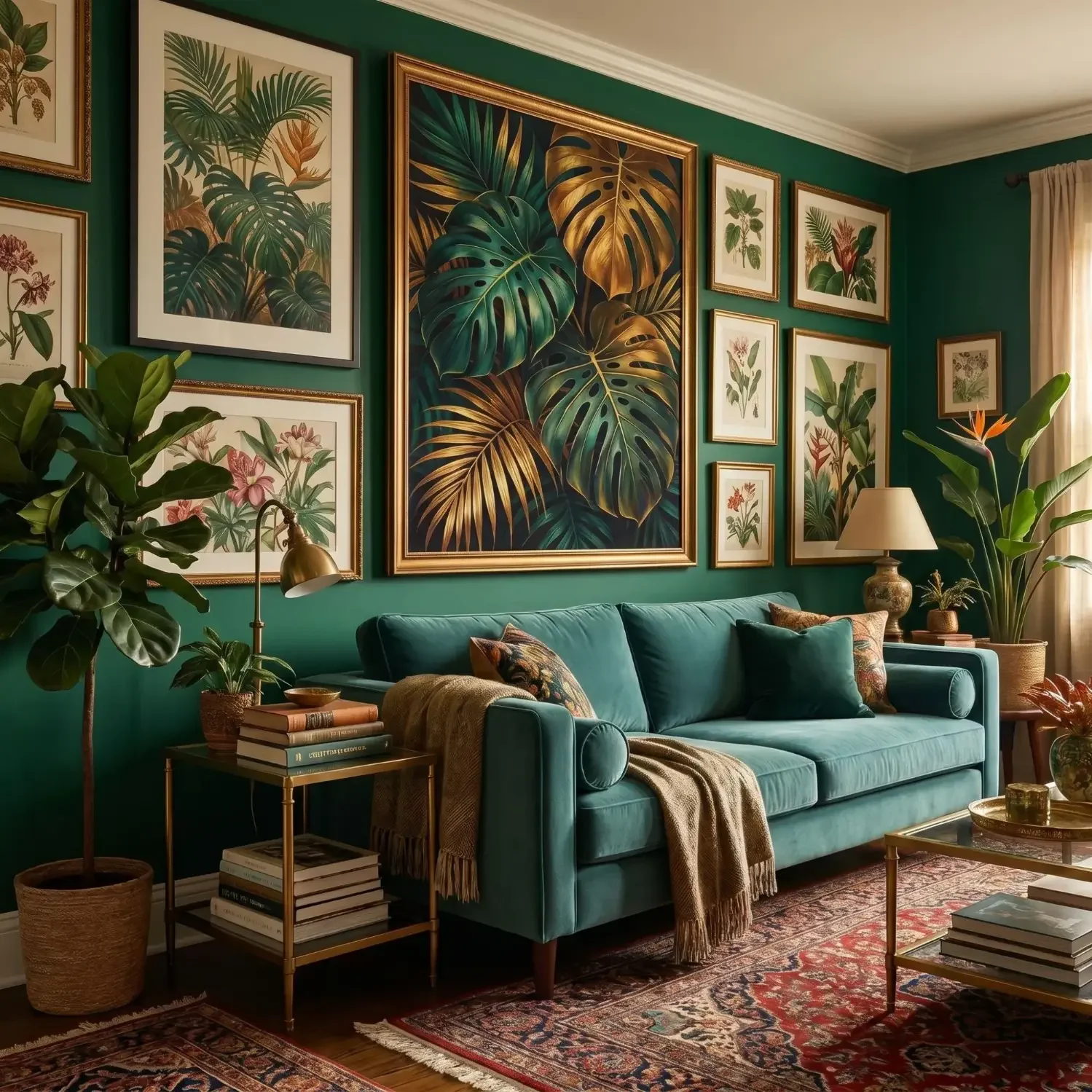 Bold tropical botanical prints maximalist living room