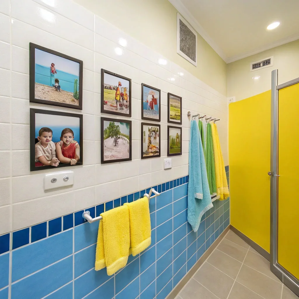 Bright, playful bathroom with colorful photo moments arranged in a simple grid, designed for easy swaps as kids grow.