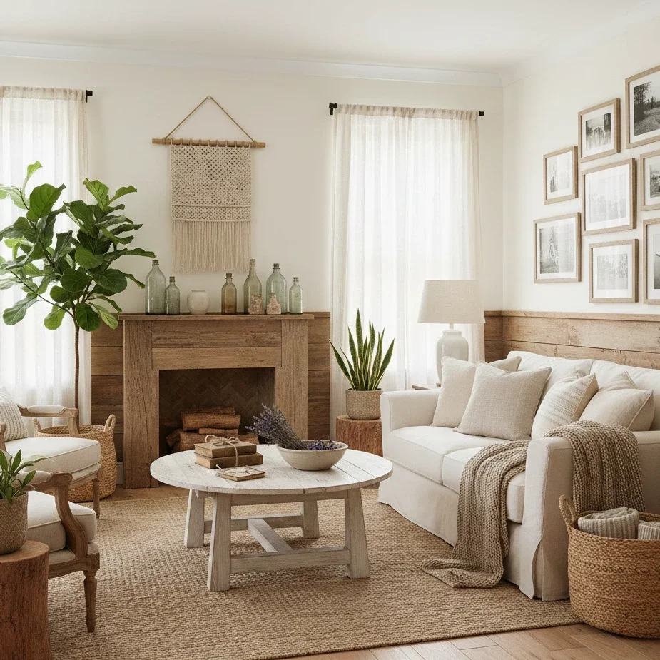 Warm farmhouse living room with wood accents and neutral decor