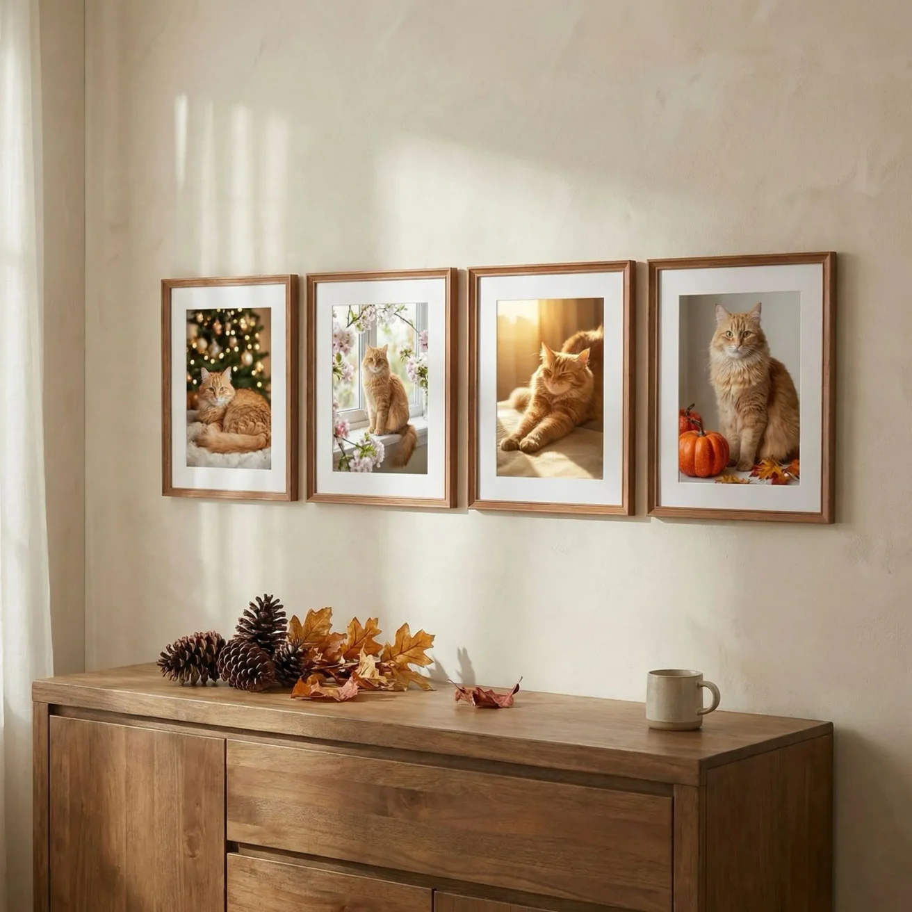 Seasonal cat photo gallery with framed pictures