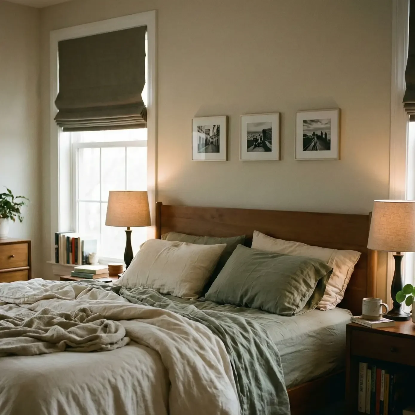 Cozy bedroom with wooden headboard and sage bedding