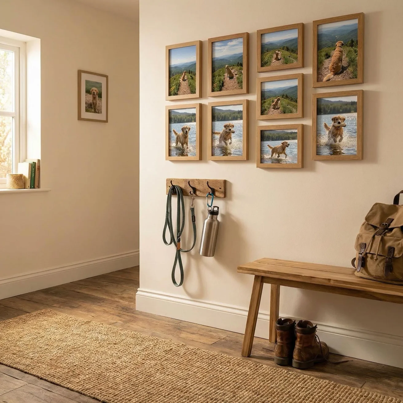 Adventure dog framed photos in rustic mudroom
