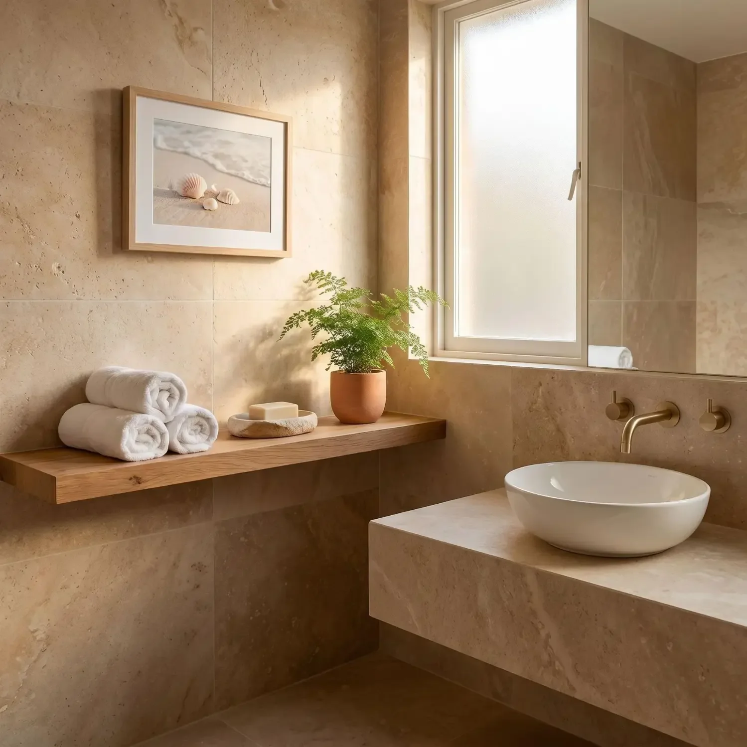 Shell motif framed canvas in spa-like coastal bathroom