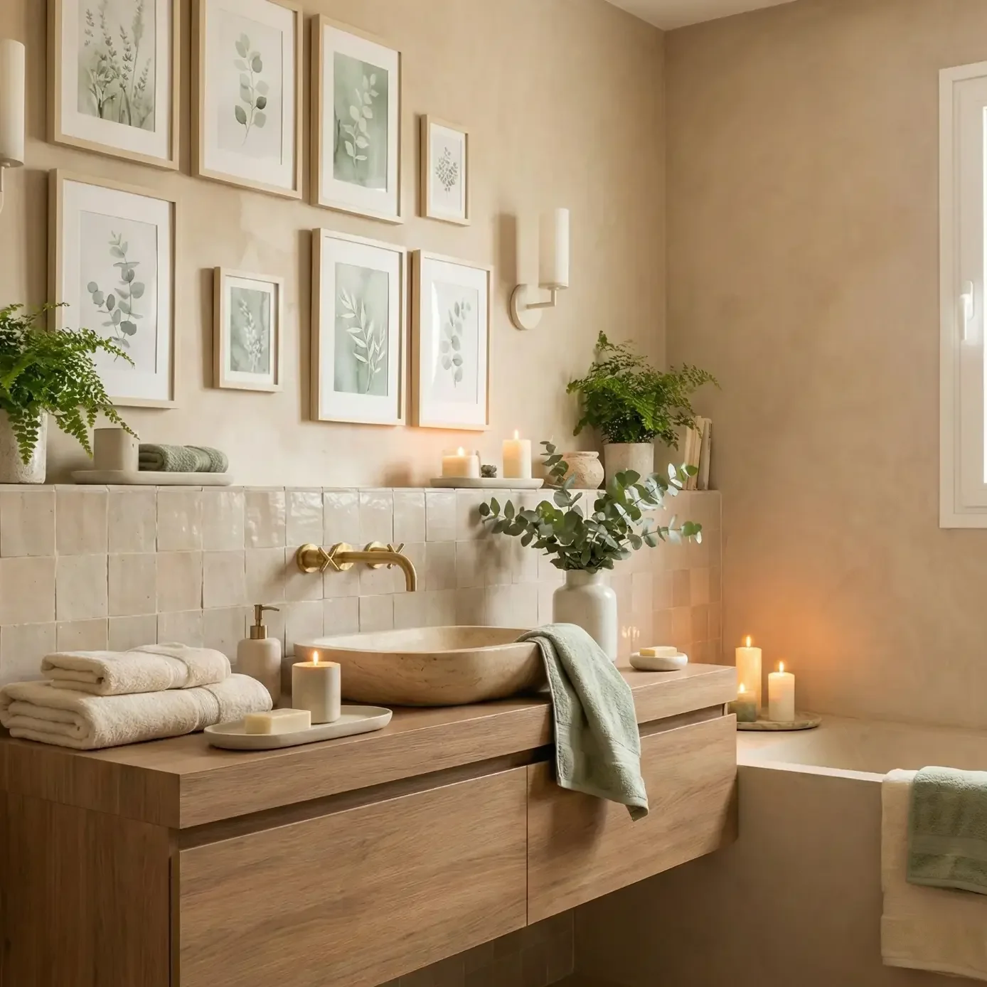 warm bathroom vanity with brass faucet, plants, and candles